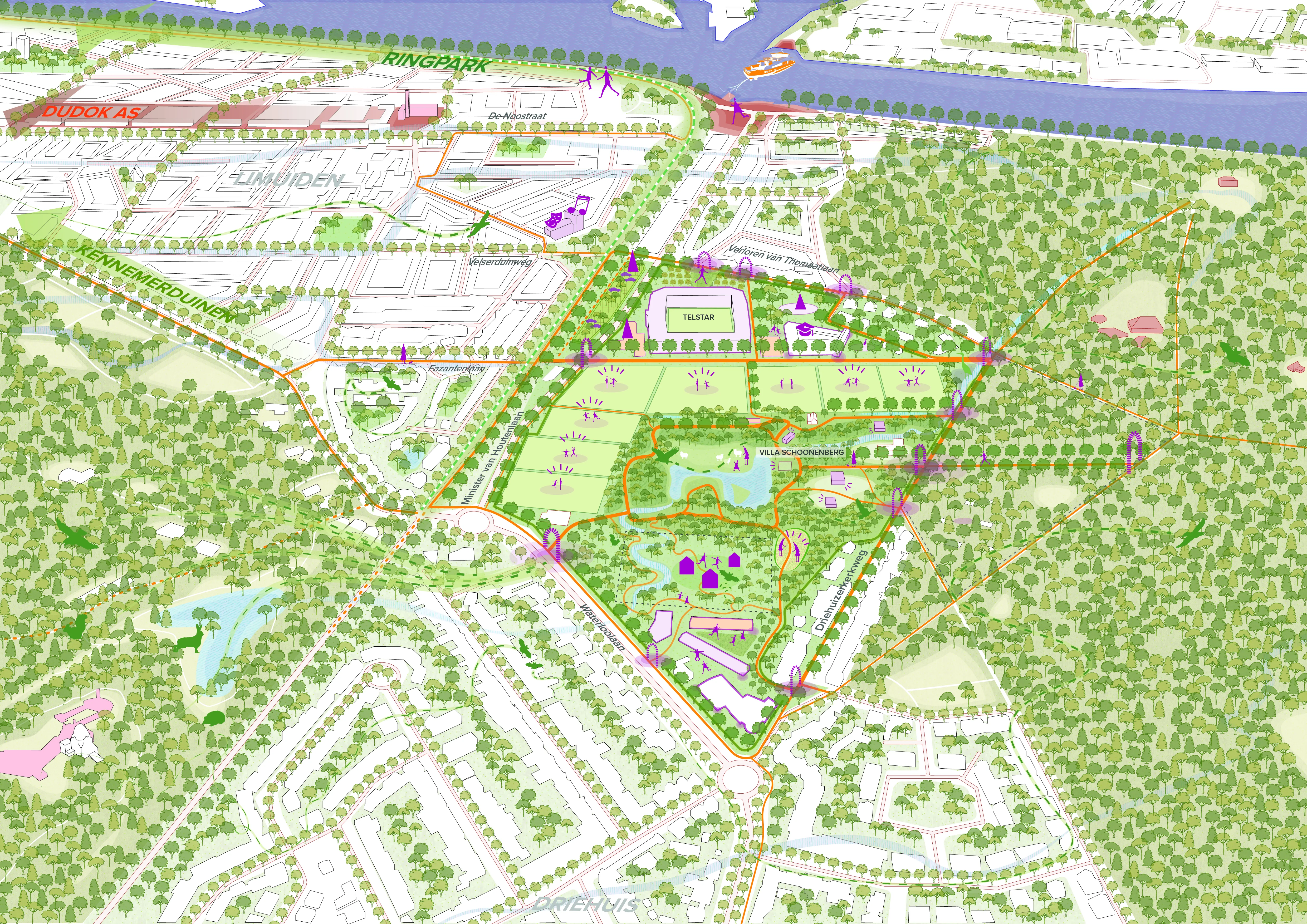 Brede geïllustreerde kaart van Park Schoonenberg en omgeving, met de sportvelden, vijvers en Villa Schoonenberg